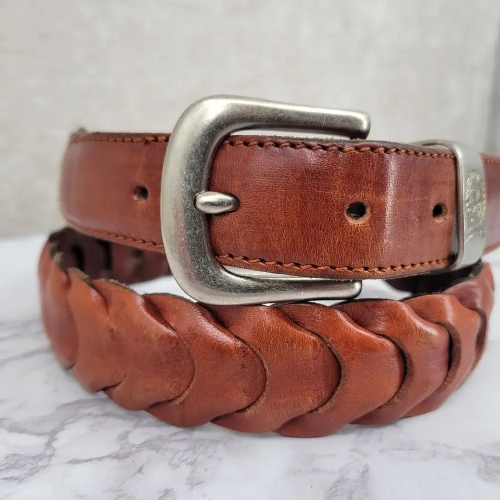 Vintage Brown Leather Link or Braided Belt Silver Toned Buckle